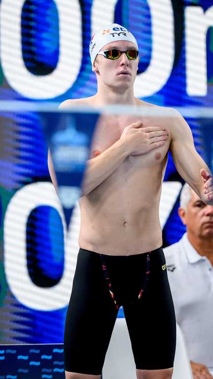 Nathan Muratory lors des championnats d'Europe de natation, le 11 août 2026 à Saint-Denis. (HAHN LIONEL / AFP)