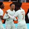 La joie des joueurs de l'équipe de France après le but de Kylian Mbappé contre le Brésil, le 26 mars 2026, à Foxbourough. (FRANCK FIFE / AFP)
